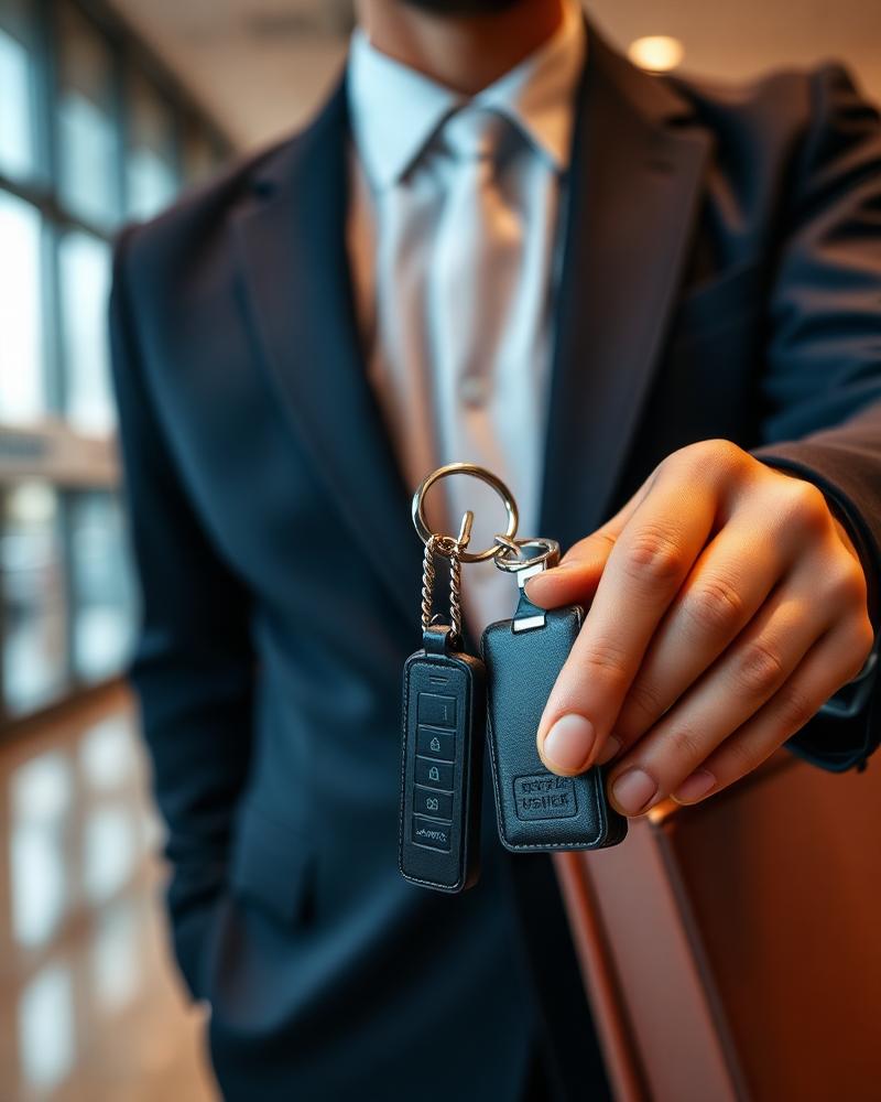 Valet handing over a car key fob in a Dublin Airport terminal